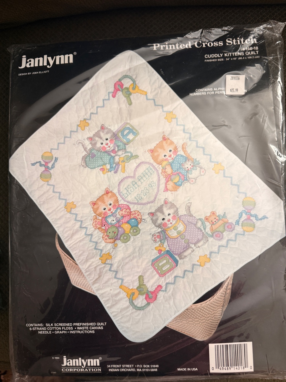 Janlynn Cuddly Kittens Printed Cross Stitch Quilt - White with Pastel Accents